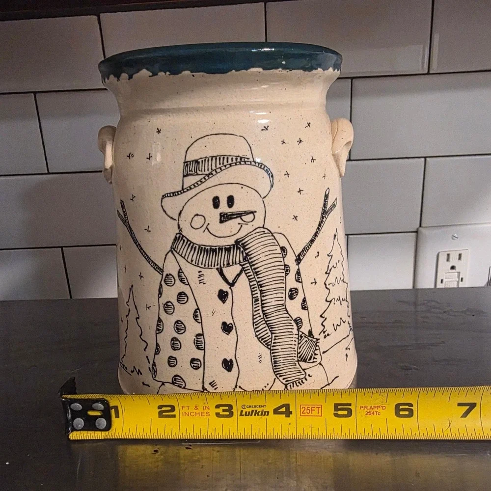 Gloria Craig Christmas 7in Pottery Crock Cream Snowman Psalm 37:4 Folk Art 2001